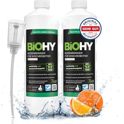 BIOHY Limpia suelos para robots de limpieza con aroma a naranja (2 botellas de 1 litro) + Dosificador Concentrado de limpieza para todos los robots de limpieza Sin espuma y sin rayas BIOHY Limpia suelos para robots de limpieza con aroma a naranja (2 botellas de 1 litro) + Dosificador Concentrado de limpieza para todos los robots de limpieza Sin espuma y sin rayas