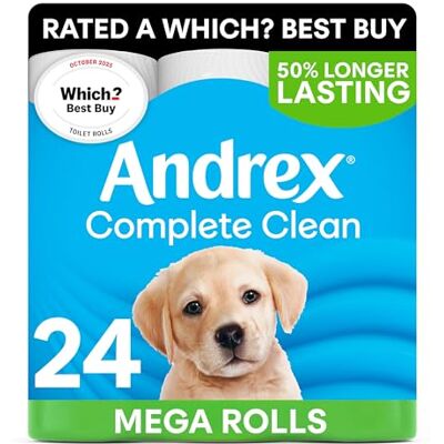 Andrex Complete Clean 24 Mega rollos de papel higiénico = 36 rollos de papel higiénico tandard, papel 50% más duradero con textura única de onda 3D para una limpieza probada y eficaz, certificado FSC Andrex Complete Clean 24 Mega rollos de papel higiénico = 36 rollos de papel higiénico tandard, papel 50% más duradero con textura única de onda 3D para una limpieza probada y eficaz, certificado FSC