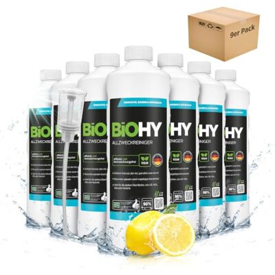 BIOHY Limpiador multiuso (9 botellas de 1 litro) + Dosificador Limpiador multiusos para suelos y hogar concentrado antical de aplicación universal (Allzweckreiniger) BIOHY Limpiador multiuso (9 botellas de 1 litro) + Dosificador Limpiador multiusos para suelos y hogar concentrado antical de aplicación universal (Allzweckreiniger)