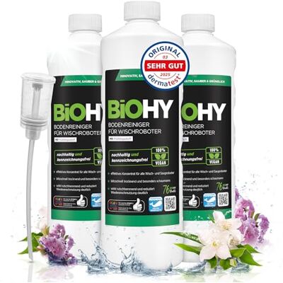 BIOHY Limpia suelos para robots de limpieza con aroma fresco a primavera (3 botellas de 1 litro) + Dosificador Concentrado de limpieza para todos los robots de limpieza Sin espuma y sin BIOHY Limpia suelos para robots de limpieza con aroma fresco a primavera (3 botellas de 1 litro) + Dosificador Concentrado de limpieza para todos los robots de limpieza Sin espuma y sin