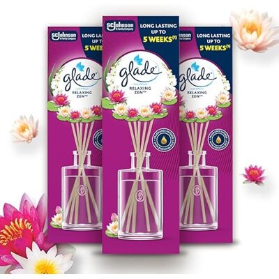 Glade Ambientador Mikado con Varillas Relaxing Zen, Dura Hasta 15 Semanas, Con Aceites Esenciales, Pack 3 Difusores 3x50ml Glade Ambientador Mikado con Varillas Relaxing Zen, Dura Hasta 15 Semanas, Con Aceites Esenciales, Pack 3 Difusores 3x50ml