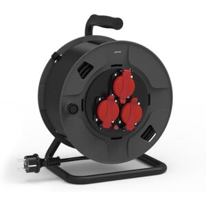 Simon Enrollacables Profesional, Alargador Enchufe 40 Metros, 3 Tomas con Asa de Bobinado, Protección Sobretensiones, Interiores y Exteriores (IP55), Enchufe Extensible, Color Negro y Rojo Simon Enrollacables Profesional, Alargador Enchufe 40 Metros, 3 Tomas con Asa de Bobinado, Protección Sobretensiones, Interiores y Exteriores (IP55), Enchufe Extensible, Color Negro y Rojo