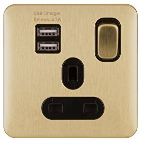 Schneider Electric Lisse Enchufe de alimentación individual conmutado, 13 A, un solo poste, con 2 puertos de carga USB, 2.1 A compartido, , latón satinado con inserto negro Schneider Electric Lisse Enchufe de alimentación individual conmutado, 13 A, un solo poste, con 2 puertos de carga USB, 2.1 A compartido, , latón satinado con inserto negro