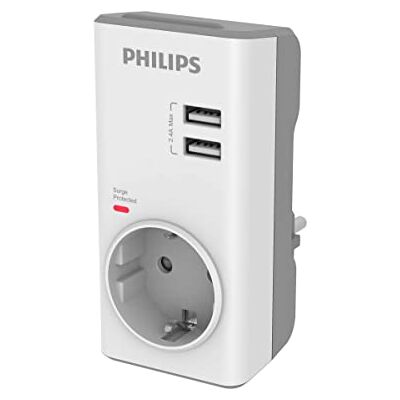 Philips Adaptador CHP4010W/10 Adaptador de Enchufe, Cargador USB Integrado, 2 Puertos USB 2,4 A Máx, 1 Toma de Corrientes, Indicador LED de Alimentación, Protección de Sobrevoltaje Color Blanco Philips Adaptador CHP4010W/10 Adaptador de Enchufe, Cargador USB Integrado, 2 Puertos USB 2,4 A Máx, 1 Toma de Corrientes, Indicador LED de Alimentación, Protección de Sobrevoltaje Color Blanco