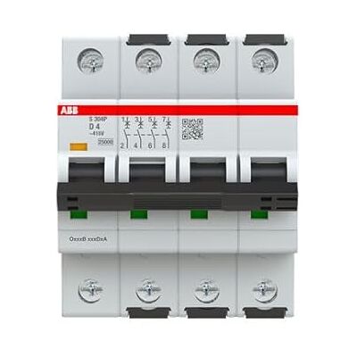 ABB S304 Disyuntor tipo D, polo 4 4 A 415 V, capacidad de desconexión 100 kA ABB S304 Disyuntor tipo D, polo 4 4 A 415 V, capacidad de desconexión 100 kA
