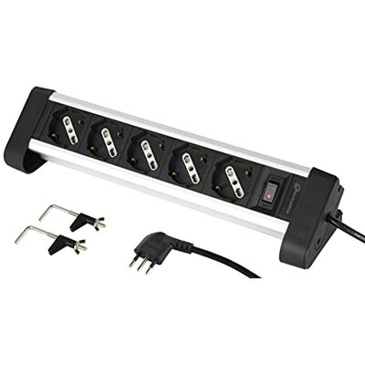 Electraline 61906 Regleta de Aluminio con 5 plazas polivalentes, Schuko + 10/16 A, 2 Soportes para fijación al Escritorio, Enchufe pequeño 10 A, Negro/Plateado Electraline 61906 Regleta de Aluminio con 5 plazas polivalentes, Schuko + 10/16 A, 2 Soportes para fijación al Escritorio, Enchufe pequeño 10 A, Negro/Plateado