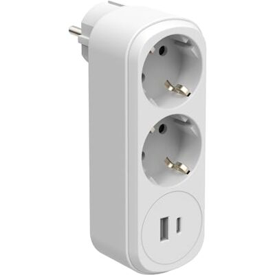 Electraline Adaptador Doble Prima 2 Tomas 16A (2P+E) Schuko + 2 puertos USB (1 tipo A + 1 tipo C), 17 W, Blanco Electraline Adaptador Doble Prima 2 Tomas 16A (2P+E) Schuko + 2 puertos USB (1 tipo A + 1 tipo C), 17 W, Blanco