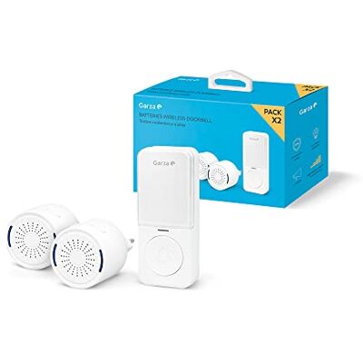 Garza Timbre Inalámbrico a Pilas para puerta, 1 pulsador + 2 receptores, Gran alcance 200 m, 64 melodías, IP56, Con indicador LED, Modo silencioso, 4 intensidades de sonido, Función memoria, Blanco Garza Timbre Inalámbrico a Pilas para puerta, 1 pulsador + 2 receptores, Gran alcance 200 m, 64 melodías, IP56, Con indicador LED, Modo silencioso, 4 intensidades de sonido, Función memoria, Blanco