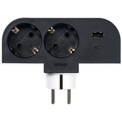 Simon – Adaptador Giratorio Plug 2 Tomas 16A (250V, 3680W) + 2 Puertos USB A+C (30W), Rotación 180º y Carga Rápida para Móviles y Tablets, Ideal para Esquinas o Detrás de Muebles, Color Negro y Blanco Simon – Adaptador Giratorio Plug 2 Tomas 16A (250V, 3680W) + 2 Puertos USB A+C (30W), Rotación 180º y Carga Rápida para Móviles y Tablets, Ideal para Esquinas o Detrás de Muebles, Color Negro y Blanco