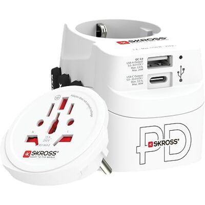 Skross Pro Light USB AC30PD Mundo Adaptador de Viaje Universal de 3 Pollos para el Mundo con Cargador PD PD de Carga rápida (1 x USB C 3A + 1 x 2.4A) Potencia: 110V 700W / 250V 1750W Skross Pro Light USB AC30PD Mundo Adaptador de Viaje Universal de 3 Pollos para el Mundo con Cargador PD PD de Carga rápida (1 x USB C 3A + 1 x 2.4A) Potencia: 110V 700W / 250V 1750W