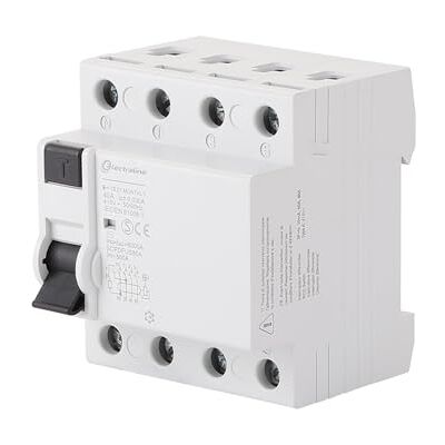 Electraline Interruptor diferencial de 40A, sensibilidad 30 mA, 6 A trifásico, tipo A (también protege contra corrientes diferenciales pulsantes unidireccionales, típicas de cargas electrónicas) Electraline Interruptor diferencial de 40A, sensibilidad 30 mA, 6 A trifásico, tipo A (también protege contra corrientes diferenciales pulsantes unidireccionales, típicas de cargas electrónicas)
