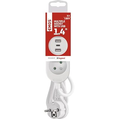 EMOS Regleta con 3 Puertos USB, Longitud del Cable 1,4 m, estándar francés EMOS Regleta con 3 Puertos USB, Longitud del Cable 1,4 m, estándar francés