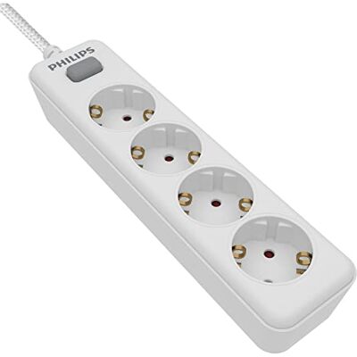 Philips SPN1142WA/10 Regleta de 4 Enchufes Schuko, Enchufe Múltiple, Ladrón Alargador, Protección Infantil Sobretensión, Interruptor Encendido/Apagado, Cable 2 Metros Color Blanco Philips SPN1142WA/10 Regleta de 4 Enchufes Schuko, Enchufe Múltiple, Ladrón Alargador, Protección Infantil Sobretensión, Interruptor Encendido/Apagado, Cable 2 Metros Color Blanco