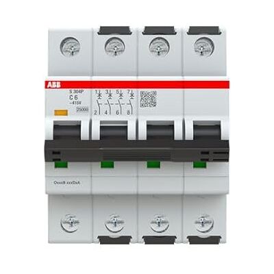 ABB S304 Disyuntor tipo C, polo 4 6 A, 415 V, capacidad de desconexión 100 kA ABB S304 Disyuntor tipo C, polo 4 6 A, 415 V, capacidad de desconexión 100 kA