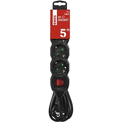 EMOS Regleta de 4 enchufes de 5m con interruptor 4 enchufes Schuko girado 45° 250 V, 16 A, 3680 W Aislamiento PVC H05VV-F3G 1,5 mm2 Mayor protección táctil IP20 para interiores negro EMOS Regleta de 4 enchufes de 5m con interruptor 4 enchufes Schuko girado 45° 250 V, 16 A, 3680 W Aislamiento PVC H05VV-F3G 1,5 mm2 Mayor protección táctil IP20 para interiores negro