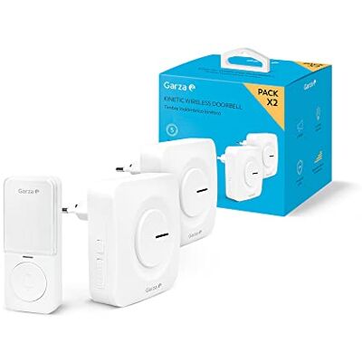 Garza Timbre Inalámbrico Kinético para puerta, 1 pulsador + 2 receptores, Gran alcance 200 m, 64 melodías, IP56, Con indicador LED, Modo silencioso, 4 intensidades de sonido, Función memoria, Blanco Garza Timbre Inalámbrico Kinético para puerta, 1 pulsador + 2 receptores, Gran alcance 200 m, 64 melodías, IP56, Con indicador LED, Modo silencioso, 4 intensidades de sonido, Función memoria, Blanco