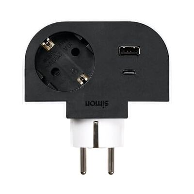 Simon – Adaptador Giratorio Plug 1 Toma 16A (250V, 3680W) + 2 Puertos USB A+C (30W), Rotación 180º y Carga Rápida para Móviles y Tablets, Ideal para Esquinas o Detrás de Muebles, Color Negro y Blanco Simon – Adaptador Giratorio Plug 1 Toma 16A (250V, 3680W) + 2 Puertos USB A+C (30W), Rotación 180º y Carga Rápida para Móviles y Tablets, Ideal para Esquinas o Detrás de Muebles, Color Negro y Blanco