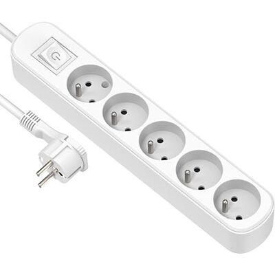 Electraline regleta de 5 enchufes con interruptor/enchufe plano 1,5 m, blanco, Electraline regleta de 5 enchufes con interruptor/enchufe plano 1,5 m, blanco,