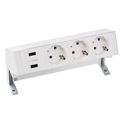Simon Kit Sobre Mesa, Serie 400, Regleta de Enchufe con 2 x USB Tipo A + 3 Tomas Schuko 16A, Ladrón con Soporte para Fijación a Mesa y Clavija con Salida Lateral, Cable de 2m, Color Blanco Simon Kit Sobre Mesa, Serie 400, Regleta de Enchufe con 2 x USB Tipo A + 3 Tomas Schuko 16A, Ladrón con Soporte para Fijación a Mesa y Clavija con Salida Lateral, Cable de 2m, Color Blanco