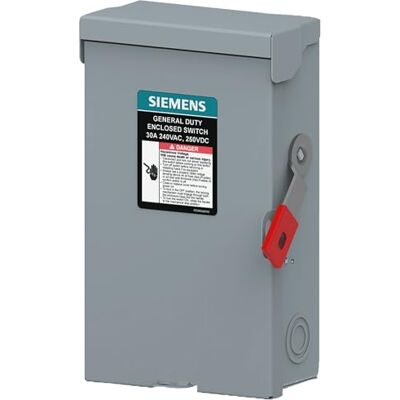 Siemens Interruptor de seguridad cerrado de 30 amperios, 2 polos, 240 V General Duty Max Series con lengüeta de tierra instalada de fábrica, no fusible, al aire libre Siemens Interruptor de seguridad cerrado de 30 amperios, 2 polos, 240 V General Duty Max Series con lengüeta de tierra instalada de fábrica, no fusible, al aire libre