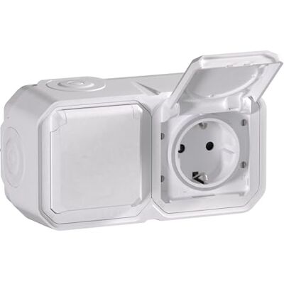 Legrand Enchufe Doble 16A con contacto lateral de tierra Plexo Estanco IP55 Montaje en superficie Blanco Legrand Enchufe Doble 16A con contacto lateral de tierra Plexo Estanco IP55 Montaje en superficie Blanco