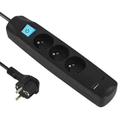 Electraline 35605 Regleta con 3 enchufes franceses + 2 USB 3.4A 17W A + 1 Tipo C, con Interruptor ON/Off, Enchufe Extra Plano 90° 16A, Cable 1,5M, Negro Electraline 35605 Regleta con 3 enchufes franceses + 2 USB 3.4A 17W A + 1 Tipo C, con Interruptor ON/Off, Enchufe Extra Plano 90° 16A, Cable 1,5M, Negro