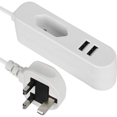 Electraline , Extensión Eléctrica Portátil/Adaptador de viaje de Europa (Tipo C) a Reino Unido (Tipo J) / Cargador de Carga Rápida Portátil con 2 USB 2.4A, cable de 1.5M Electraline , Extensión Eléctrica Portátil/Adaptador de viaje de Europa (Tipo C) a Reino Unido (Tipo J) / Cargador de Carga Rápida Portátil con 2 USB 2.4A, cable de 1.5M