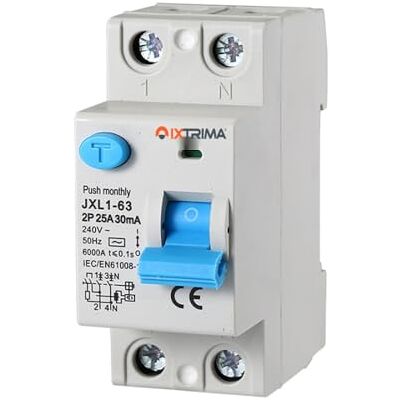 IXTRIMA Interruptor diferencial puro 25 A 2 polos 2P 220 V 6 kA 30 mA 2 módulos DIN, RCCB C25 IXTRIMA Interruptor diferencial puro 25 A 2 polos 2P 220 V 6 kA 30 mA 2 módulos DIN, RCCB C25