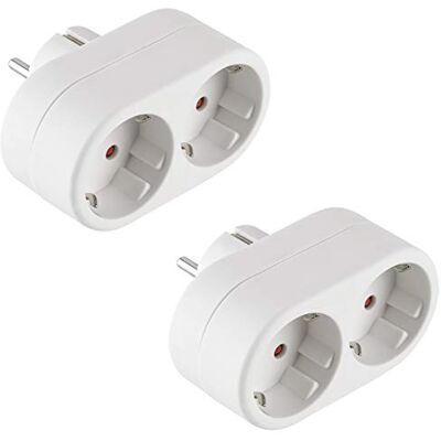 Electraline 92387 Paquete de 2 adaptadores 2 Tomas Frontales, Enchufe alemán, regleta de 2 enchufes Schuko, Blanco Electraline 92387 Paquete de 2 adaptadores 2 Tomas Frontales, Enchufe alemán, regleta de 2 enchufes Schuko, Blanco