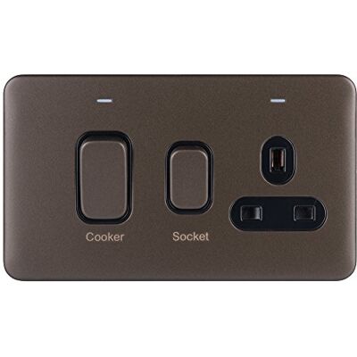Schneider Electric Lisse Unidad de control de cocina sin tornillos con enchufe de 13 A, indicador de neón, 45 A, GGBL4001BMB, bronce moca con inserto negro Schneider Electric Lisse Unidad de control de cocina sin tornillos con enchufe de 13 A, indicador de neón, 45 A, GGBL4001BMB, bronce moca con inserto negro