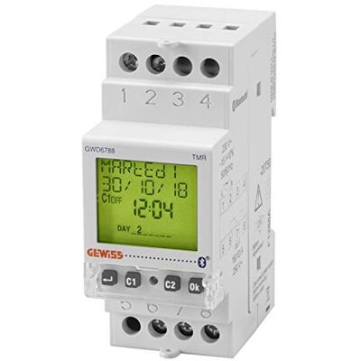 Gewiss Interruptor horario y astronómico 1 contacto NA/NC 16A/230Vca Bluetooth 2 módulos DIN reserva de carga 5 años Gewiss Interruptor horario y astronómico 1 contacto NA/NC 16A/230Vca Bluetooth 2 módulos DIN reserva de carga 5 años