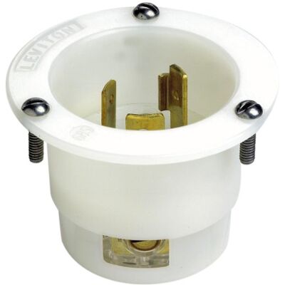 Leviton 20 Amp, 125 voltios, receptáculo de bloqueo de entrada con brida, grado industrial, tierra, color blanco Leviton 20 Amp, 125 voltios, receptáculo de bloqueo de entrada con brida, grado industrial, tierra, color blanco