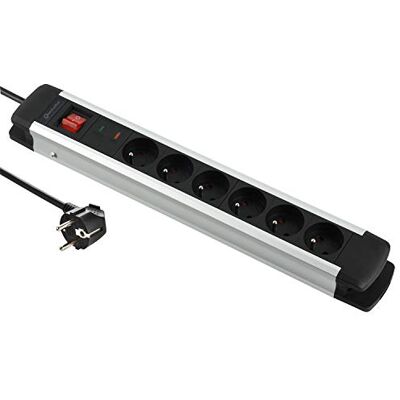 Electraline Alu-Line Regleta con 6 enchufes (aluminio y protección contra sobretensiones, 2 m), color negro Electraline Alu-Line Regleta con 6 enchufes (aluminio y protección contra sobretensiones, 2 m), color negro