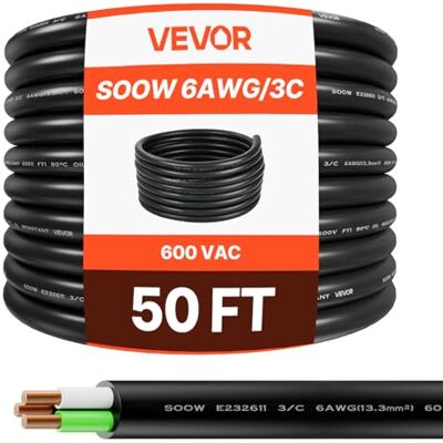 VEVOR Cable de alimentación portátil de 15,24 m 6 AWG (3 conductores), cable de alta potencia de 600 V, cable eléctrico de calidad industrial, cable de extensión de cobre para equipos de soldadura VEVOR Cable de alimentación portátil de 15,24 m 6 AWG (3 conductores), cable de alta potencia de 600 V, cable eléctrico de calidad industrial, cable de extensión de cobre para equipos de soldadura