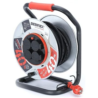 DEBFLEX HO7RN-F 3G2,5 Carrete fijo (4 enchufes impermeables, IP44-40 m), color negro y rojo DEBFLEX HO7RN-F 3G2,5 Carrete fijo (4 enchufes impermeables, IP44-40 m), color negro y rojo