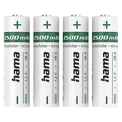 Hama Pilas Recargables NiMH, AA Mignon, 2500 mAh, 1,2 V, 4 Unidades Hama Pilas Recargables NiMH, AA Mignon, 2500 mAh, 1,2 V, 4 Unidades
