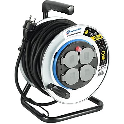 Electraline Enrollador eléctrico profesional de 25 m para obras de metal con 4 enchufes IP44 con guía, platino fijo y mango ergonómico, cable de goma H07RN-F 3G1.5 Electraline Enrollador eléctrico profesional de 25 m para obras de metal con 4 enchufes IP44 con guía, platino fijo y mango ergonómico, cable de goma H07RN-F 3G1.5