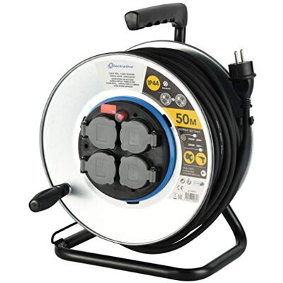 Electraline Pro-Line Allargador de Cables con Enrollacables Professional en Metal 50 MT, con 4 Tomas Schuko IP44, Pletina Fija, Cable de Goma H07 RN-F Secciòn 3G 1.5 mm² Electraline Pro-Line Allargador de Cables con Enrollacables Professional en Metal 50 MT, con 4 Tomas Schuko IP44, Pletina Fija, Cable de Goma H07 RN-F Secciòn 3G 1.5 mm²