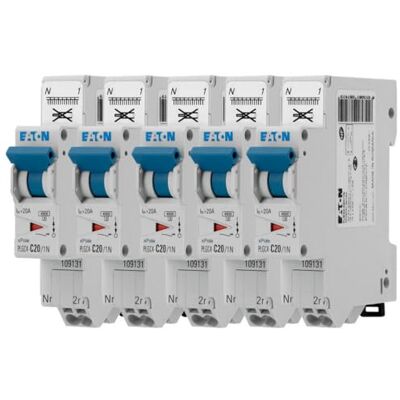 Eaton 109131 PLGC4-C20/1N Disyuntor modular PH/N Blanco Mando Azul 1P+N/20 A Curva C Conexión directa sin tornillos 5 disyuntores Eaton 109131 PLGC4-C20/1N Disyuntor modular PH/N Blanco Mando Azul 1P+N/20 A Curva C Conexión directa sin tornillos 5 disyuntores