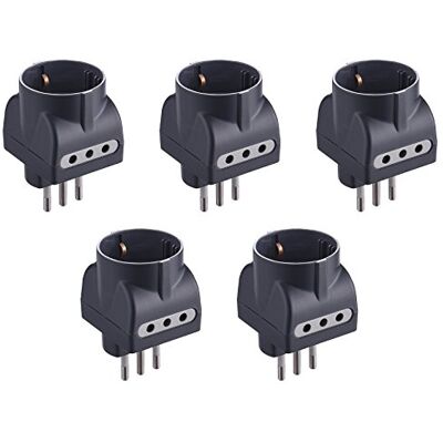 Electraline Set de 5 Adaptadores Triple: 1 Salida para schuko + 2 para Enchufe pequeño de 10 A, Negro, Electraline Set de 5 Adaptadores Triple: 1 Salida para schuko + 2 para Enchufe pequeño de 10 A, Negro,