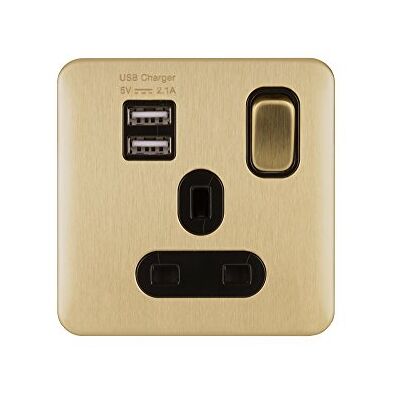Schneider Electric Lisse Enchufe de alimentación individual conmutado, 13 A, un solo poste, con 2 puertos de carga USB, 2.1 A compartido, , latón satinado con inserto negro Schneider Electric Lisse Enchufe de alimentación individual conmutado, 13 A, un solo poste, con 2 puertos de carga USB, 2.1 A compartido, , latón satinado con inserto negro
