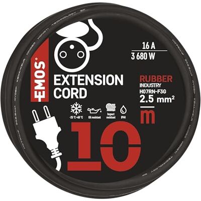 EMOS Cable de extensión IP44 de 10 m 1 Enchufe francés Impermeable, Resistente a los Impactos, a Prueba de Temperatura y Aceite 230 V, 16 A, 3680 W Aislamiento de Goma H07RN-F3G 2,5 mm2 EMOS Cable de extensión IP44 de 10 m 1 Enchufe francés Impermeable, Resistente a los Impactos, a Prueba de Temperatura y Aceite 230 V, 16 A, 3680 W Aislamiento de Goma H07RN-F3G 2,5 mm2