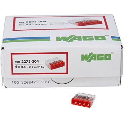 Kopp Wago Compact de cajas de conexiones Pinza Abrazadera de 4 conductores rojo 0,5 – 2,5 mm², 100 unidades, transparente/rojo Kopp Wago Compact de cajas de conexiones Pinza Abrazadera de 4 conductores rojo 0,5 – 2,5 mm², 100 unidades, transparente/rojo
