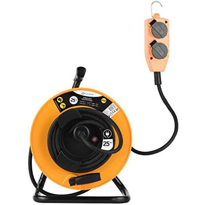 Electraline Pro-Line Enrollador eléctrico profesional, 3G, 2,5 mm, 25 m, con 4 enchufes, platino fijo, color amarillo y negro Electraline Pro-Line Enrollador eléctrico profesional, 3G, 2,5 mm, 25 m, con 4 enchufes, platino fijo, color amarillo y negro