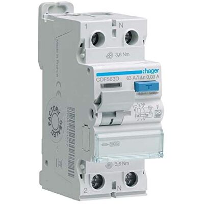 Hager CDF563D - Interruptor diferencial 2P 10kA 63A 30mA Hager CDF563D - Interruptor diferencial 2P 10kA 63A 30mA