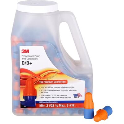 3M Conector de cable Performance Plus, conectores de resorte de acero flexible, 22-12 AWG, color naranja y azul (O/B+), jarra de 500 3M Conector de cable Performance Plus, conectores de resorte de acero flexible, 22-12 AWG, color naranja y azul (O/B+), jarra de 500