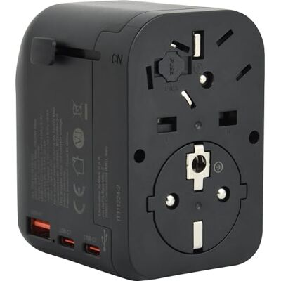 Electraline Adaptador de viaje universal de Europa (enchufe tipo C, E, F) a Mundo (enchufe tipo B, G, I, F, E) con 3 puertos USB (2 USB-C PD20W y 1 USB A) Electraline Adaptador de viaje universal de Europa (enchufe tipo C, E, F) a Mundo (enchufe tipo B, G, I, F, E) con 3 puertos USB (2 USB-C PD20W y 1 USB A)