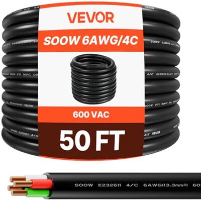 VEVOR Cable de alimentación portátil de 15,24 m 6 AWG (4 conductores), cable de alta potencia de 600 V, cable eléctrico de calidad industrial, cubierta de goma CPE premium, cable de extensión de cobre VEVOR Cable de alimentación portátil de 15,24 m 6 AWG (4 conductores), cable de alta potencia de 600 V, cable eléctrico de calidad industrial, cubierta de goma CPE premium, cable de extensión de cobre