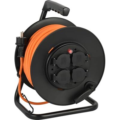Electraline Carrete de cable IP44 40 m para exteriores, especial N05V3V3-F 3G1.5, hasta -35 °C, resistente al aceite y a los rayos UV, muy resistente a la abrasión, con 4 tomas de seguridad Electraline Carrete de cable IP44 40 m para exteriores, especial N05V3V3-F 3G1.5, hasta -35 °C, resistente al aceite y a los rayos UV, muy resistente a la abrasión, con 4 tomas de seguridad