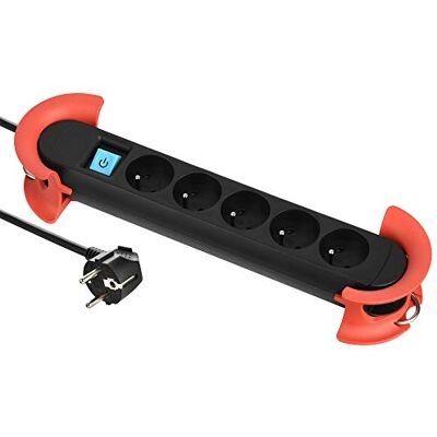 Electraline Regleta de enchufes (16 A, cable 5 m, H05VV-F 3G1,5 mm²), color negro y rojo Electraline Regleta de enchufes (16 A, cable 5 m, H05VV-F 3G1,5 mm²), color negro y rojo